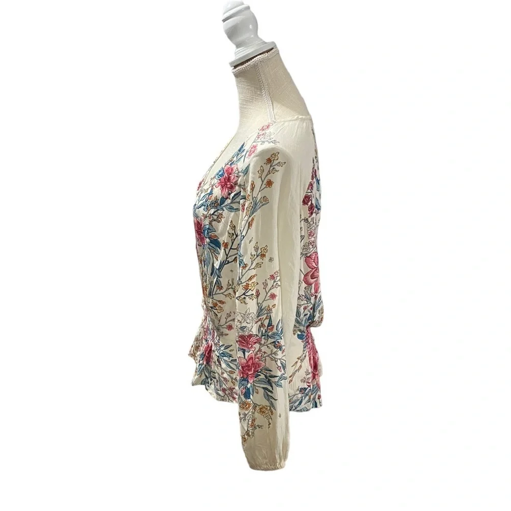 Billabong Play Day Women Cream Floral Long Sleeve Scoop Neck Crinkle Top Sz Sm - Picture 6 of 15